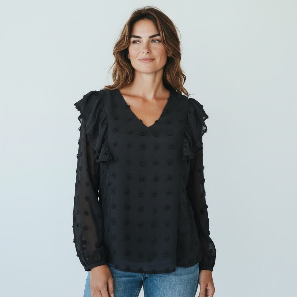 ANDRE'E NWT Black Swiss Dot Chiffon Whimsigoth Blouse S DarkRomantic Coquette